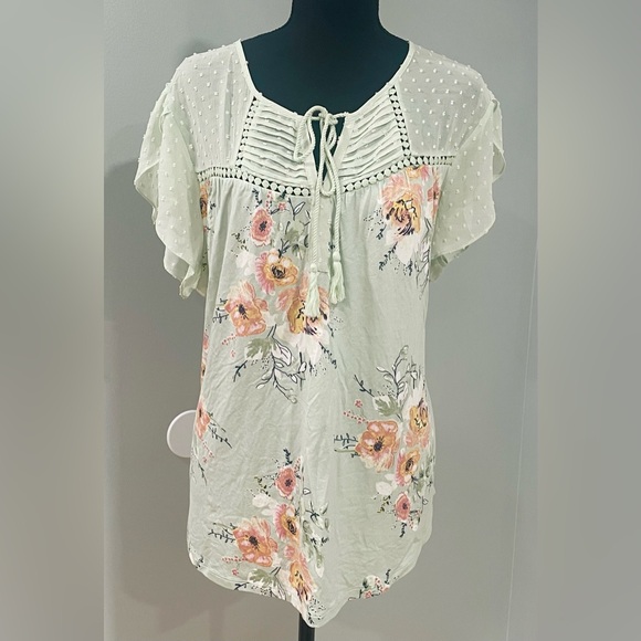 Floral Blouse with Tie Tassels - Mint Green - Picture 1 of 9